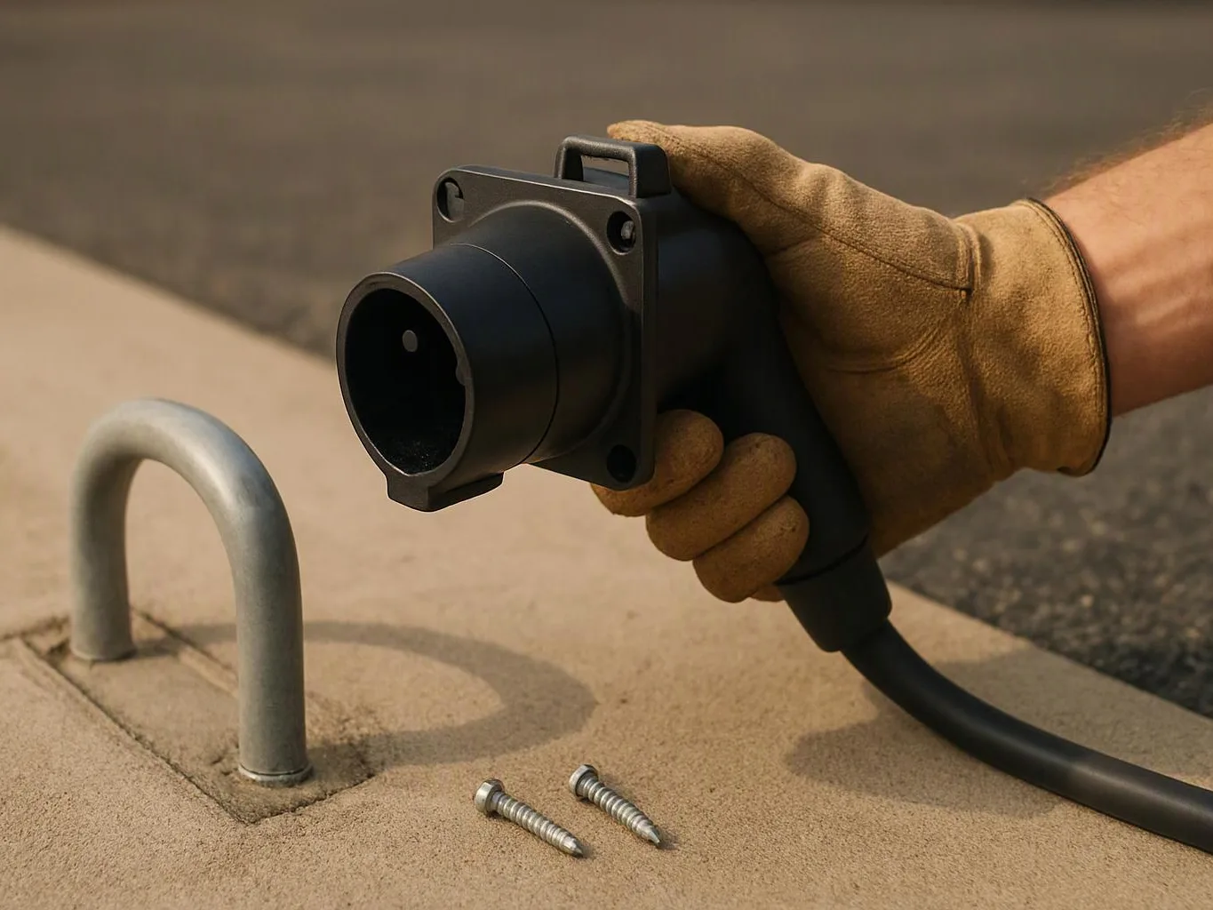 A gloved hand holds a black charging connector near a metal post and two screws on concrete
