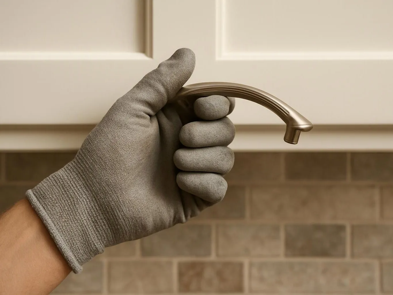 A gloved hand holds a curved metal cabinet handle in front of white doors and tiled backsplash