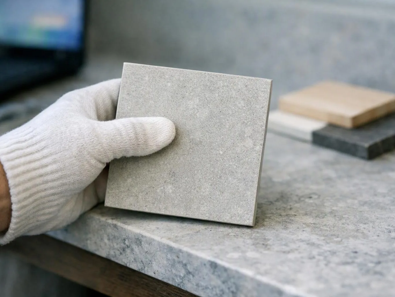 A gloved hand holds a gray tile sample on a stone surface with more samples blurred behind it
