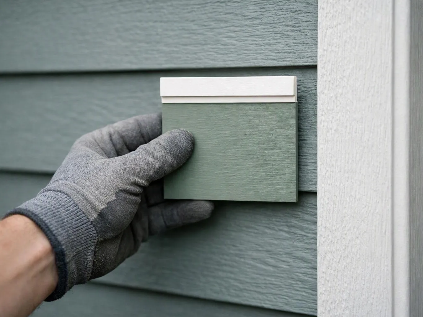 A gloved hand holds a green siding sample against an exterior wall beside white trim
