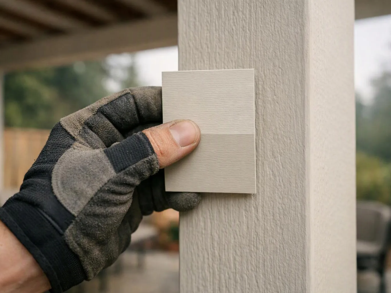 A gloved hand holds a small paint sample against a textured beige post outdoors