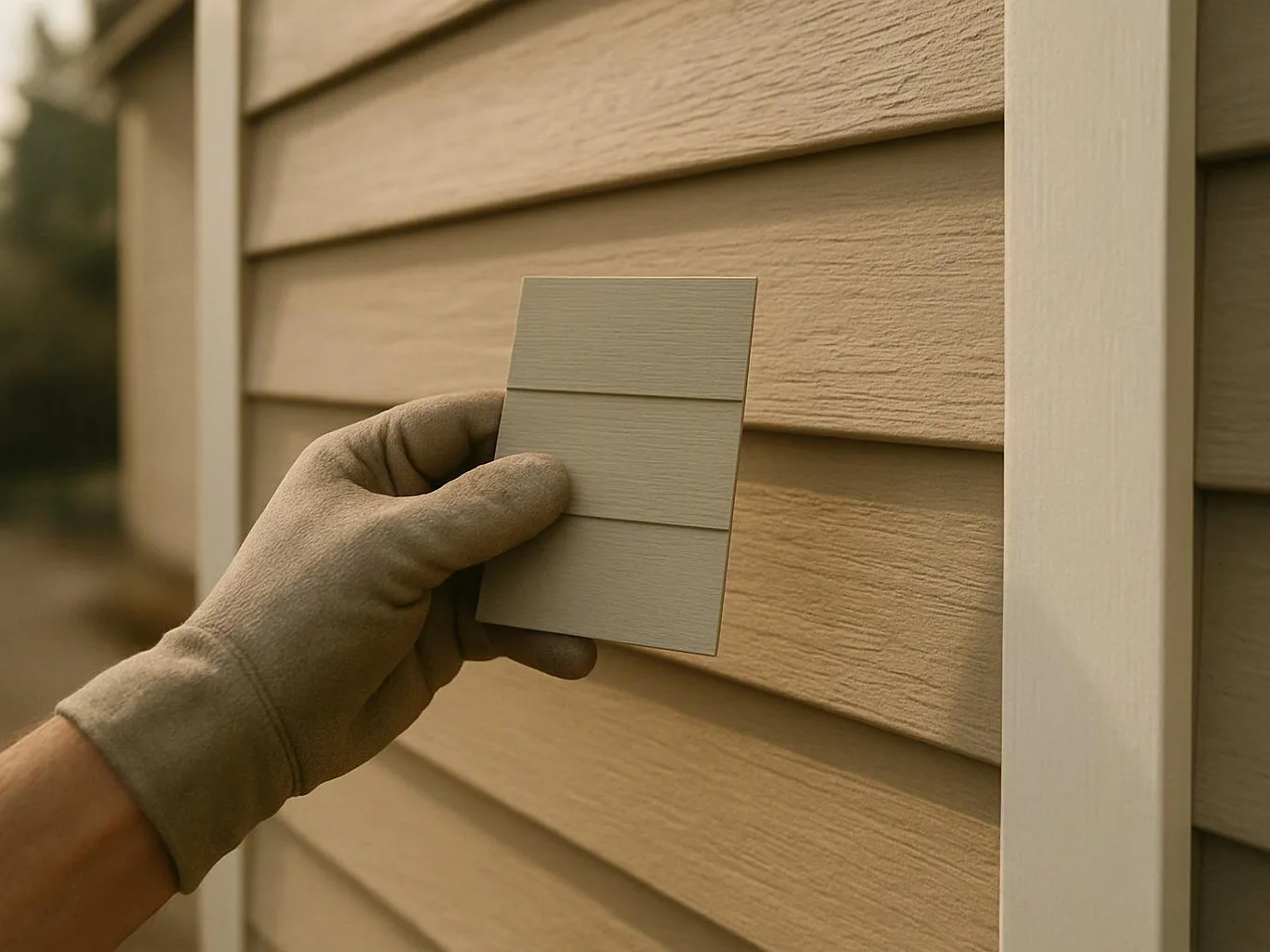 A gloved hand holds a small siding sample against tan house siding outside