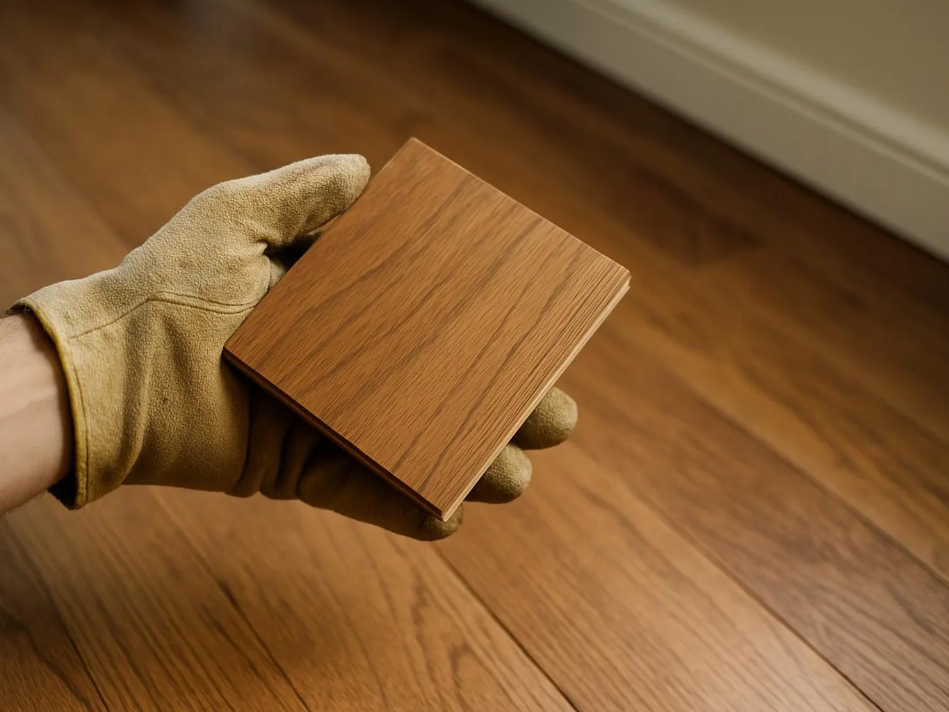 A gloved hand holds a square wood sample over a hardwood floor in warm light