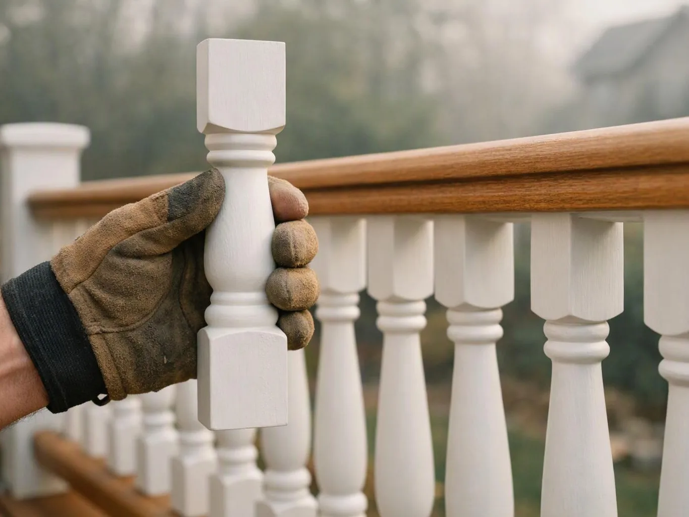 A gloved hand holds a white wooden baluster beside a balcony railing outdoors