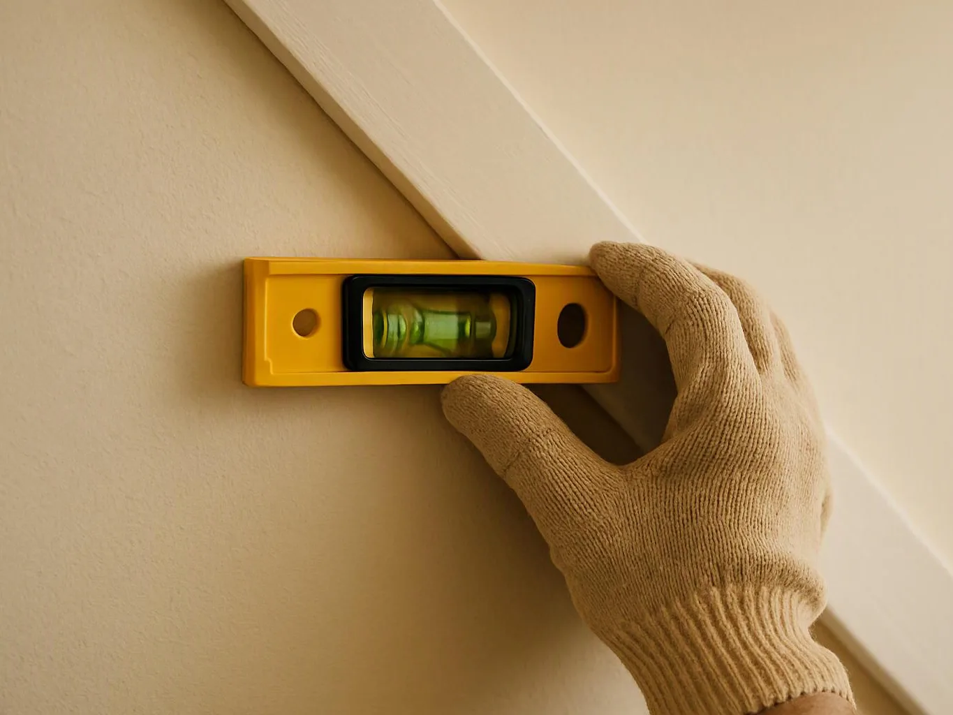A gloved hand holds a yellow spirit level against a slanted wall near a ceiling trim