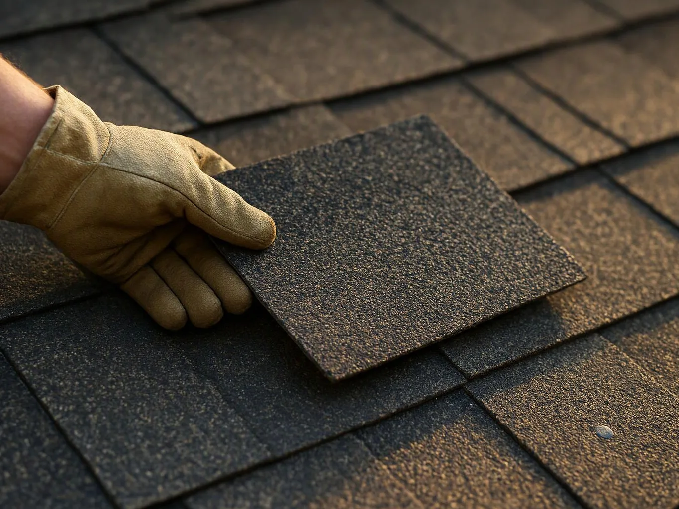 Gloved hand lifts a dark roof shingle above stacked shingles in warm sunlight