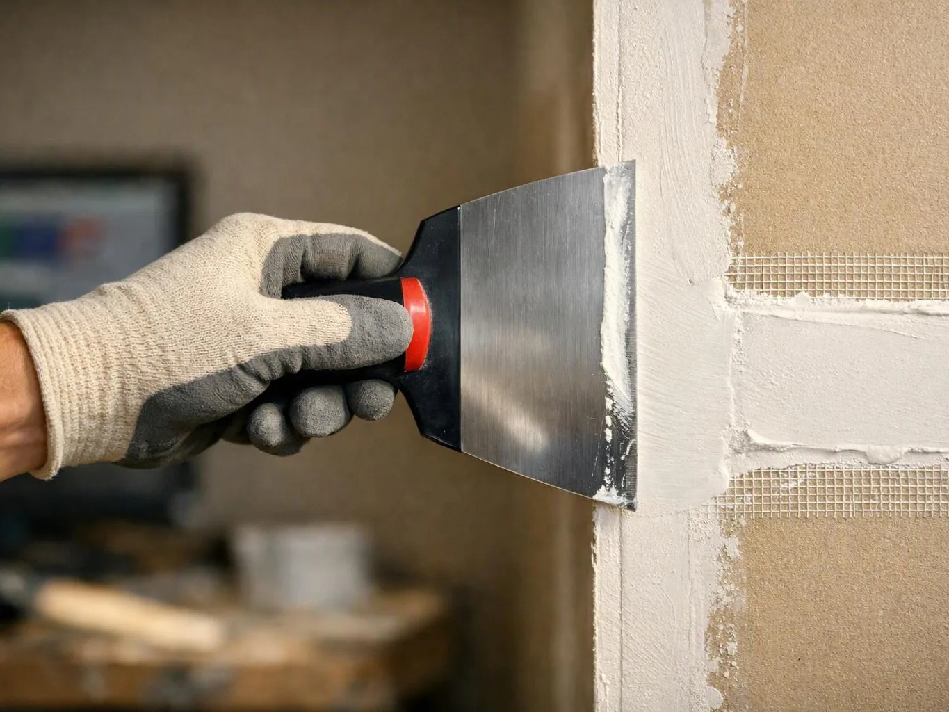 A gloved hand spreads white plaster on a wall with a metal putty knife