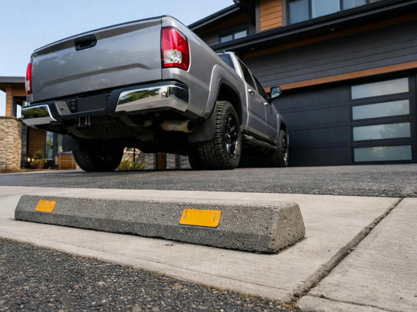 A gray pickup truck is parked by a modern garage, with a concrete wheel stop in the foreground
