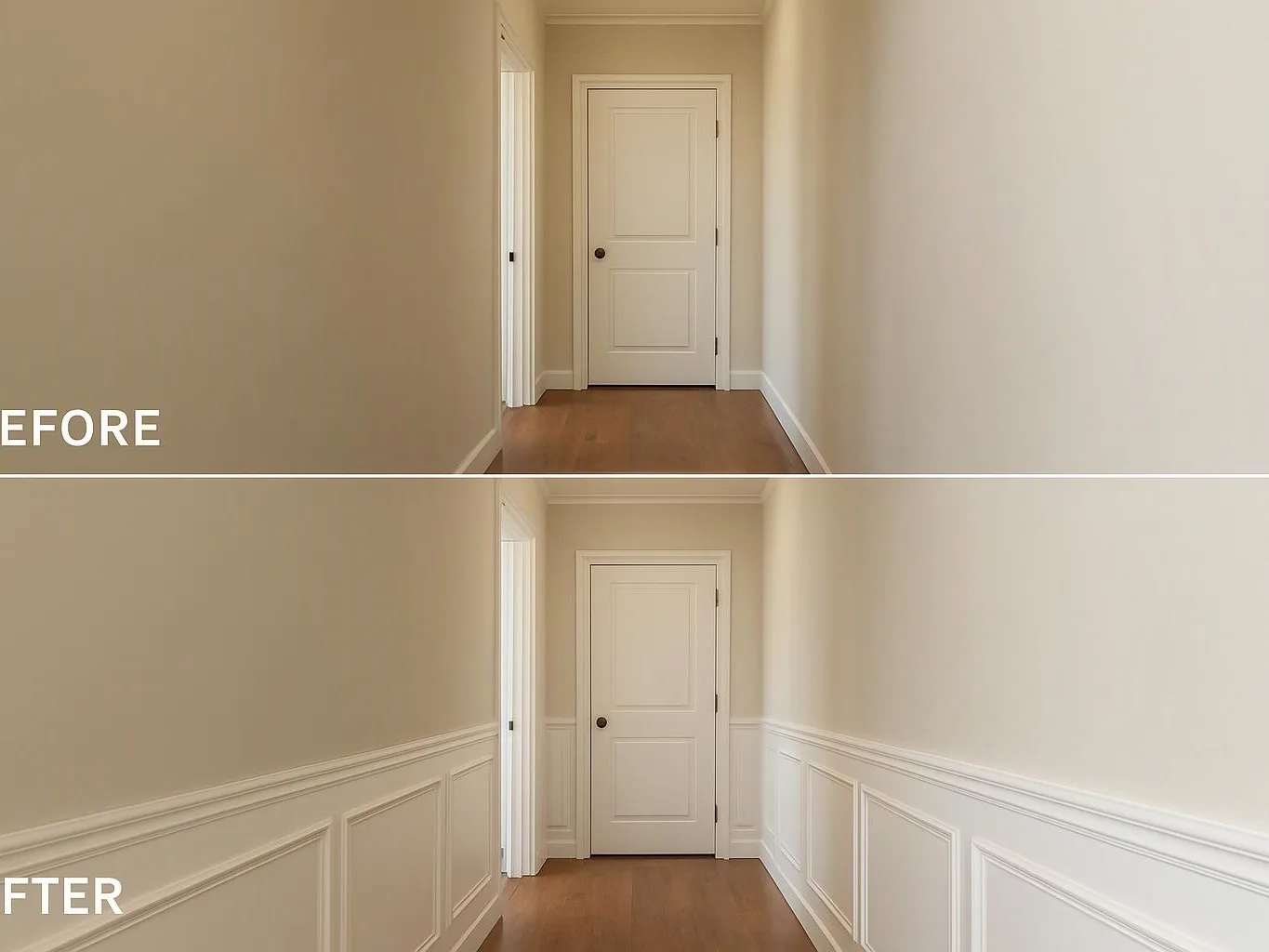 A hallway before and after view shows plain walls changing to white wainscoting around a closed door