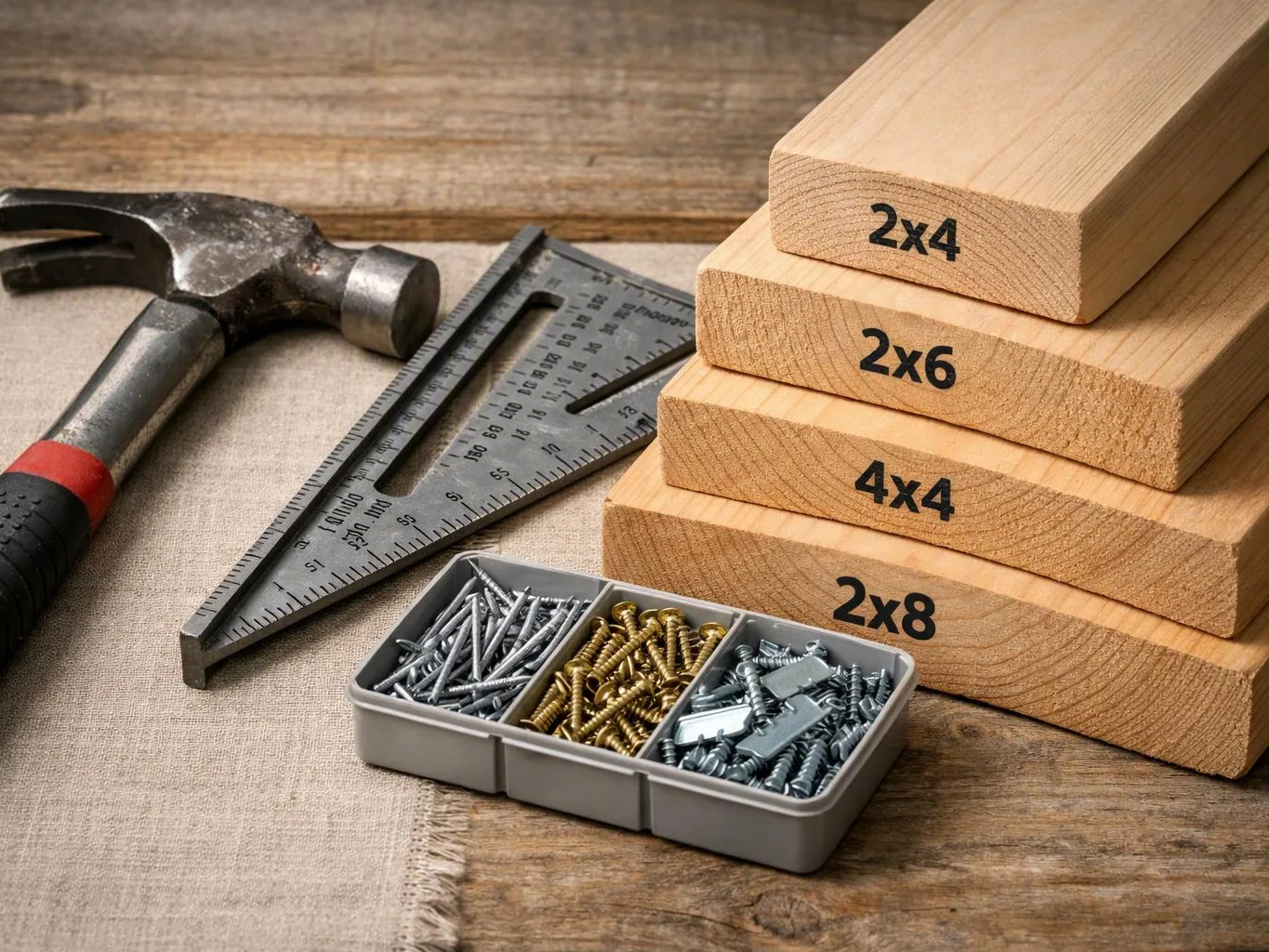 Hammer, carpenter’s square, screws, and labeled wooden boards sit on a workbench