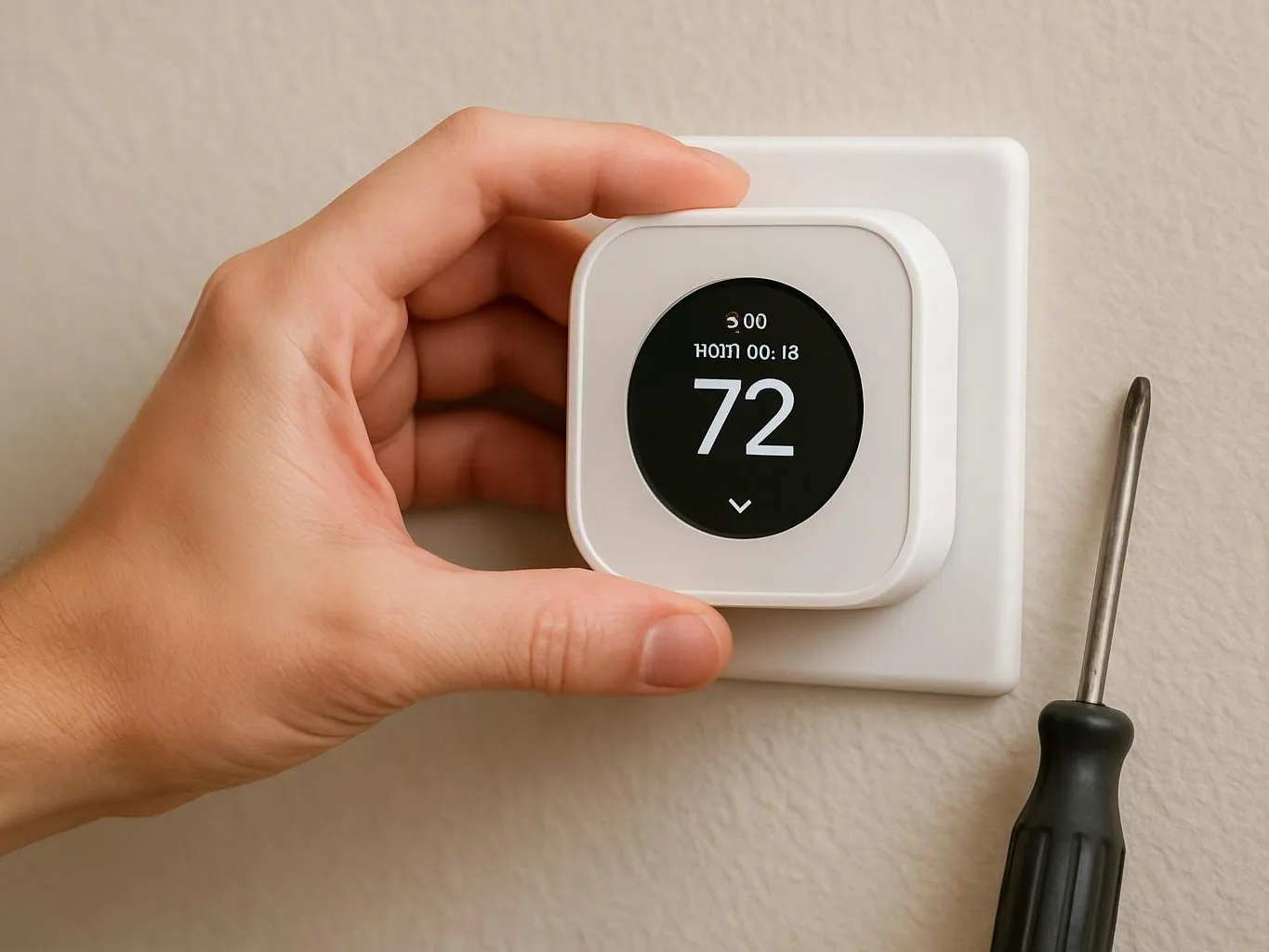 A hand adjusts a white thermostat on a wall plate, with a screwdriver beside it
