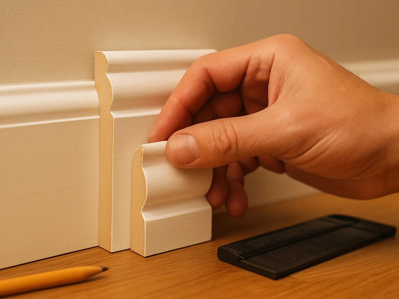 A hand aligns a white decorative molding sample against a wall above a wooden floor