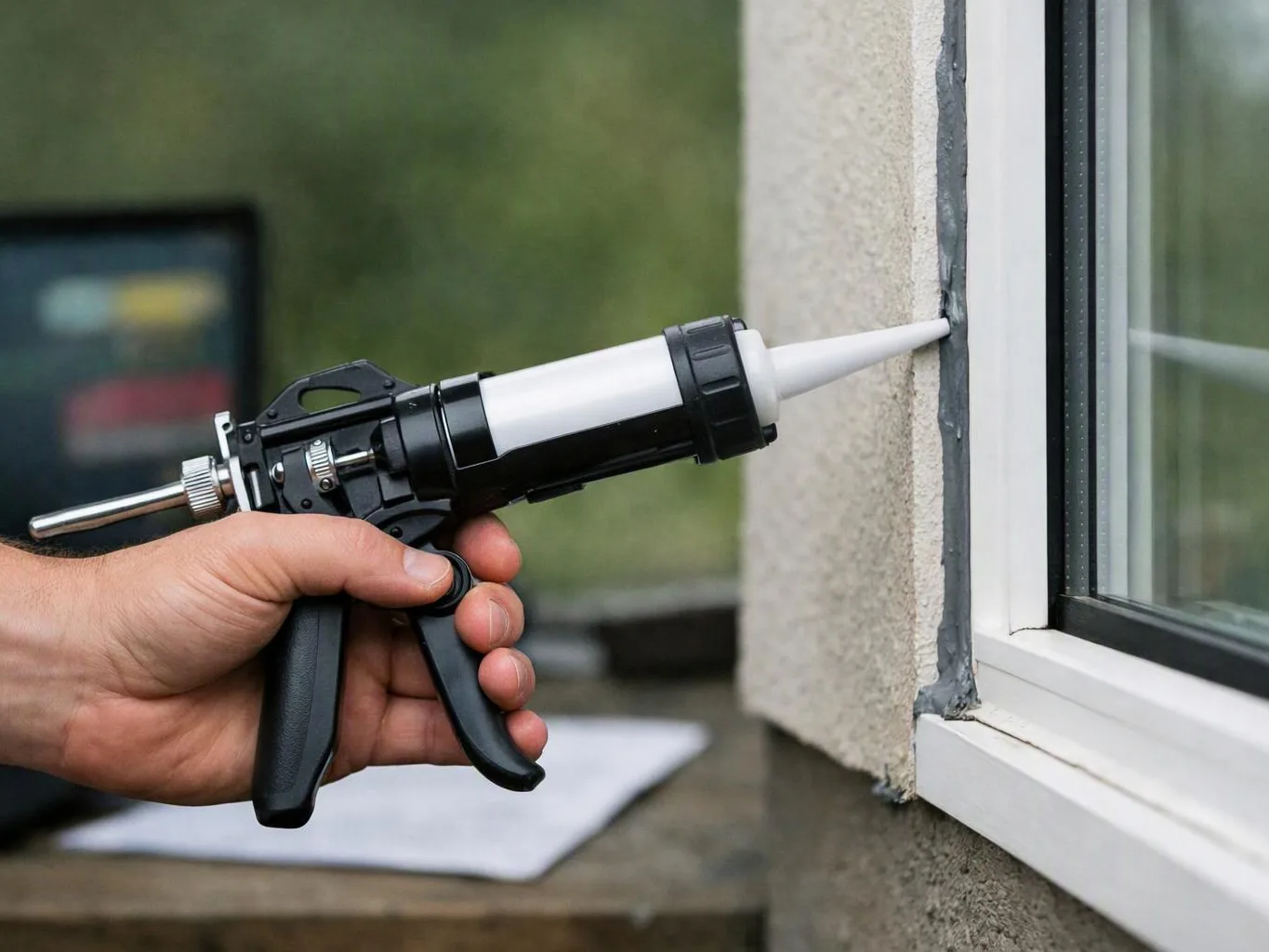 A hand applies white sealant with a caulking gun along the edge of a window frame
