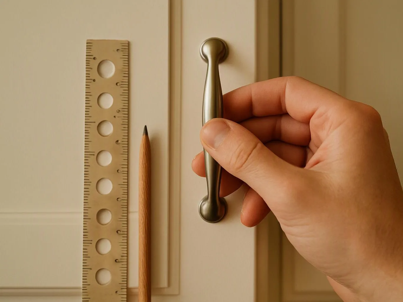 A hand grasps a silver cabinet handle beside a ruler and pencil on a beige drawer front
