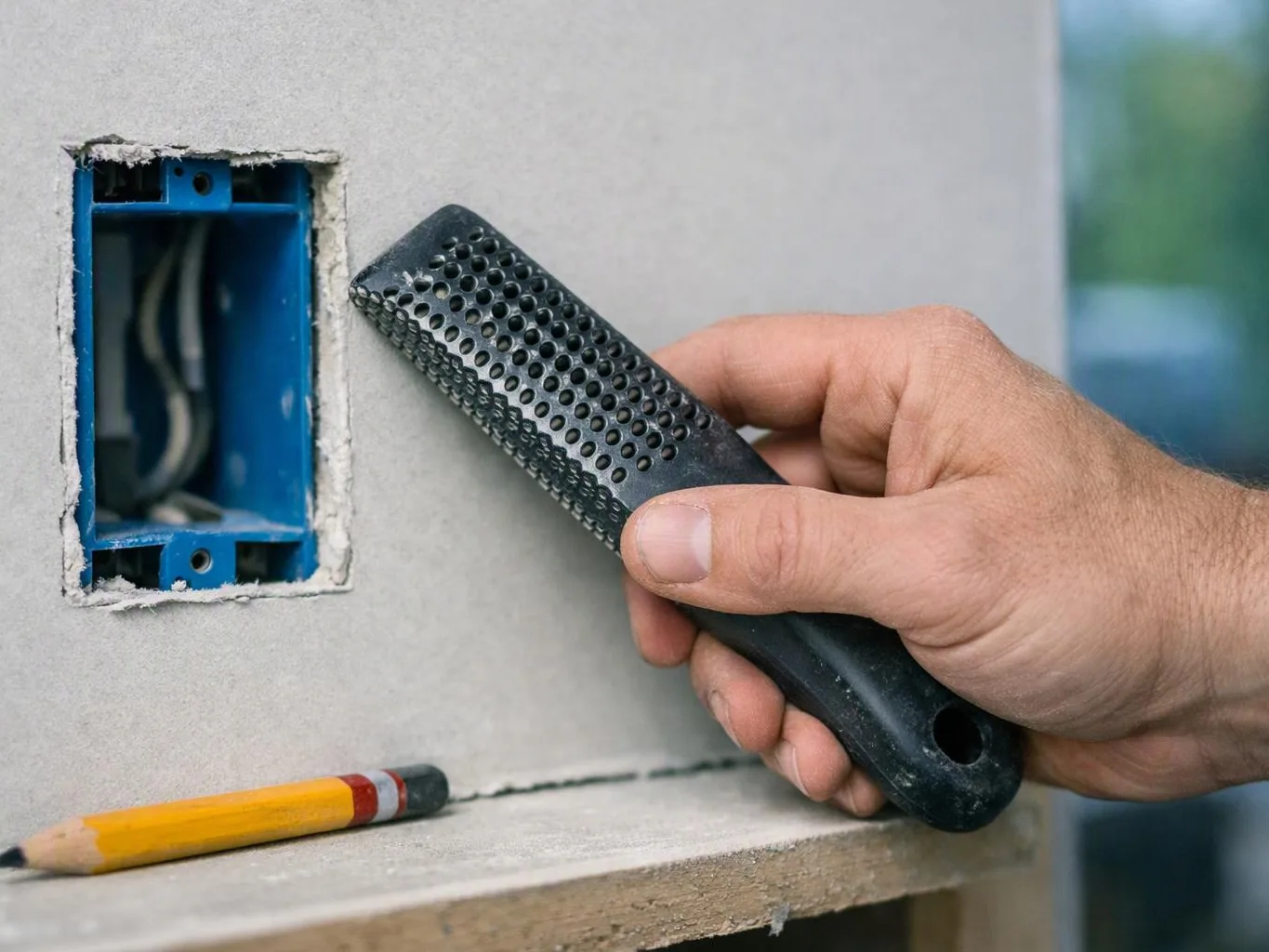 A hand holds a black rasp against a wall opening beside a blue electrical box, with a pencil on the ledge