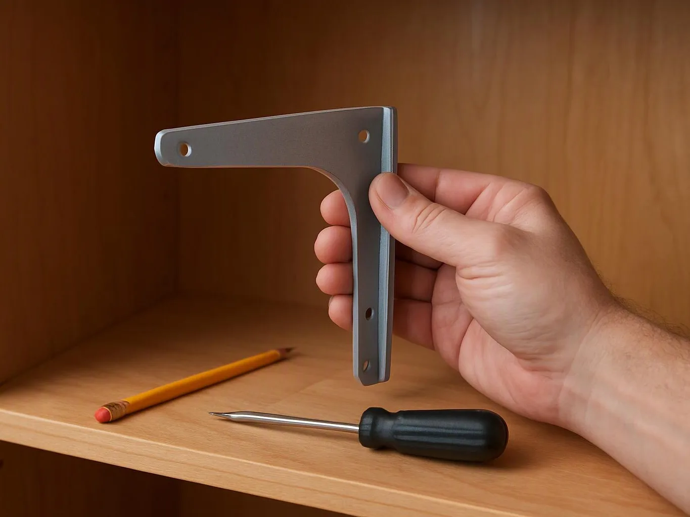 A hand holds a gray metal bracket over a wooden shelf beside a pencil and screwdriver