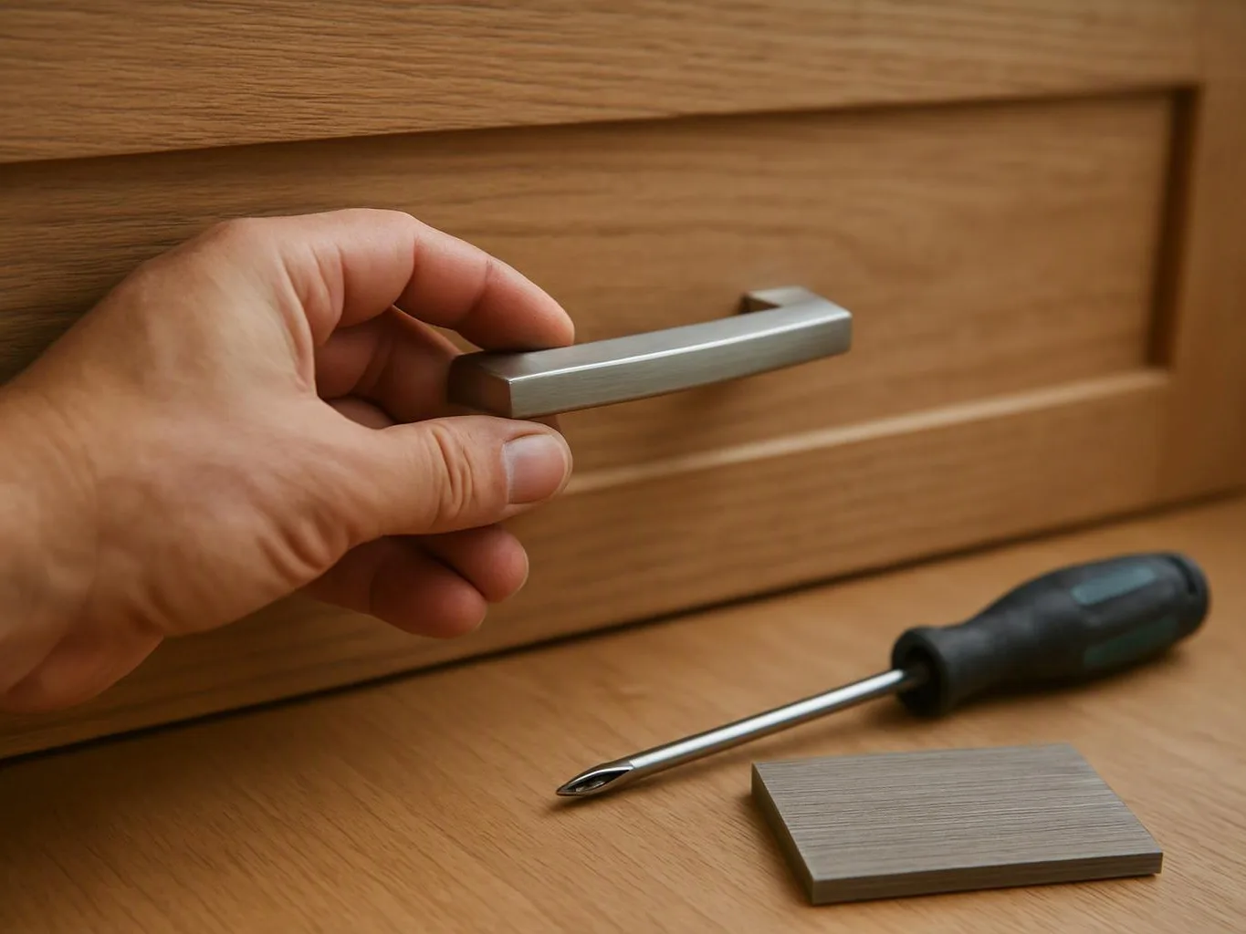 A hand holds a silver drawer handle, with a screwdriver and metal sample resting on a wooden surface