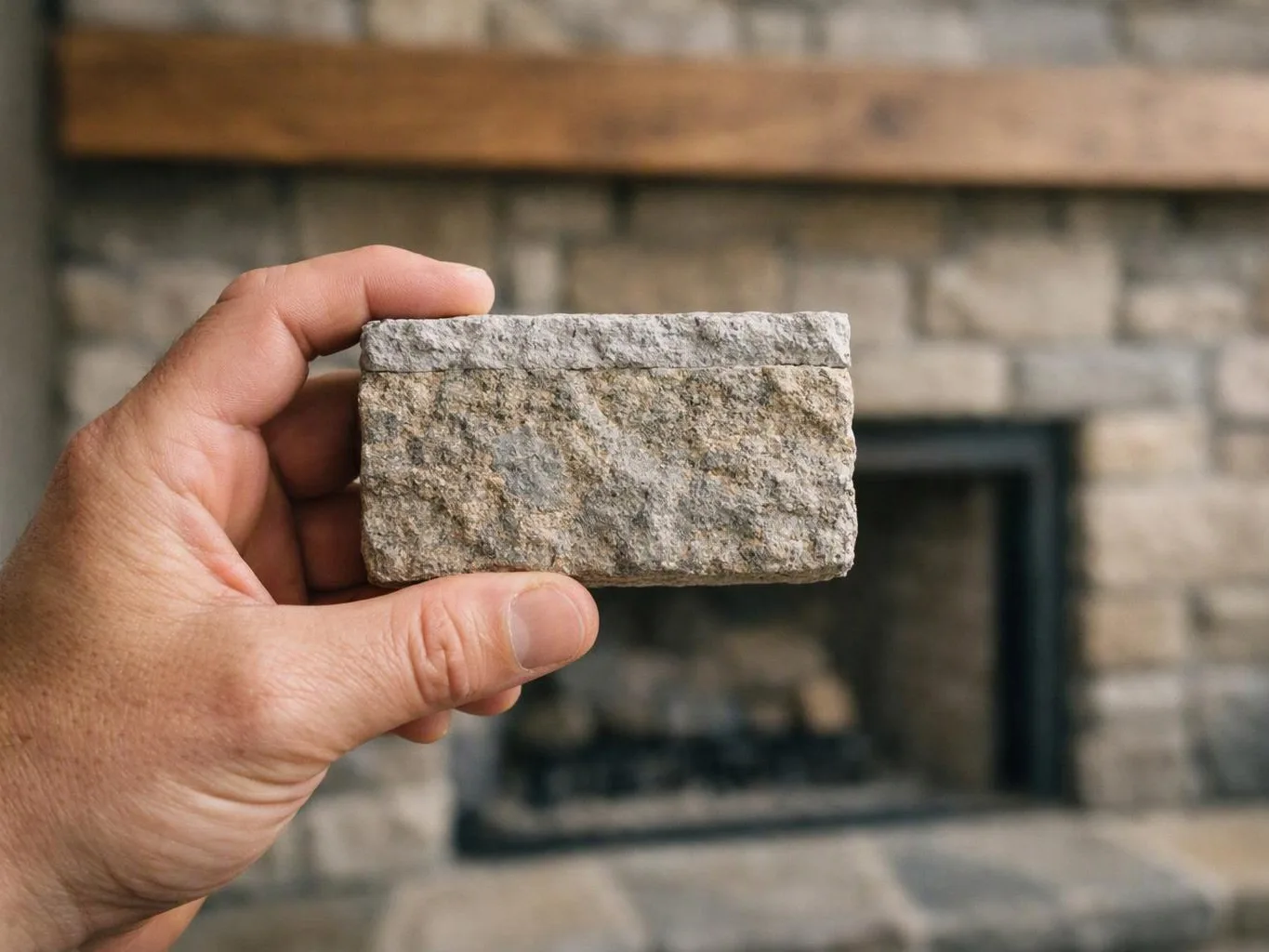 A hand holds a small rough stone block in front of a blurred stone fireplace