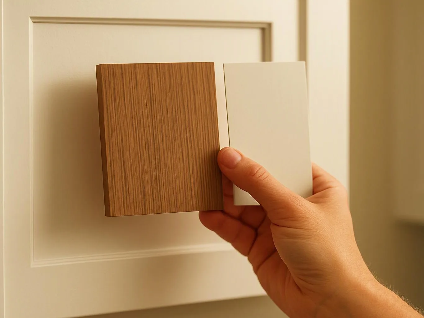 A hand holds two rectangular sample swatches, one wood grain and one white, against a painted cabinet door