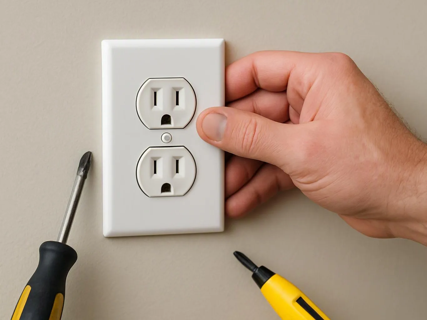 A hand holds a white wall outlet plate while two screwdrivers rest beside it on a beige wall