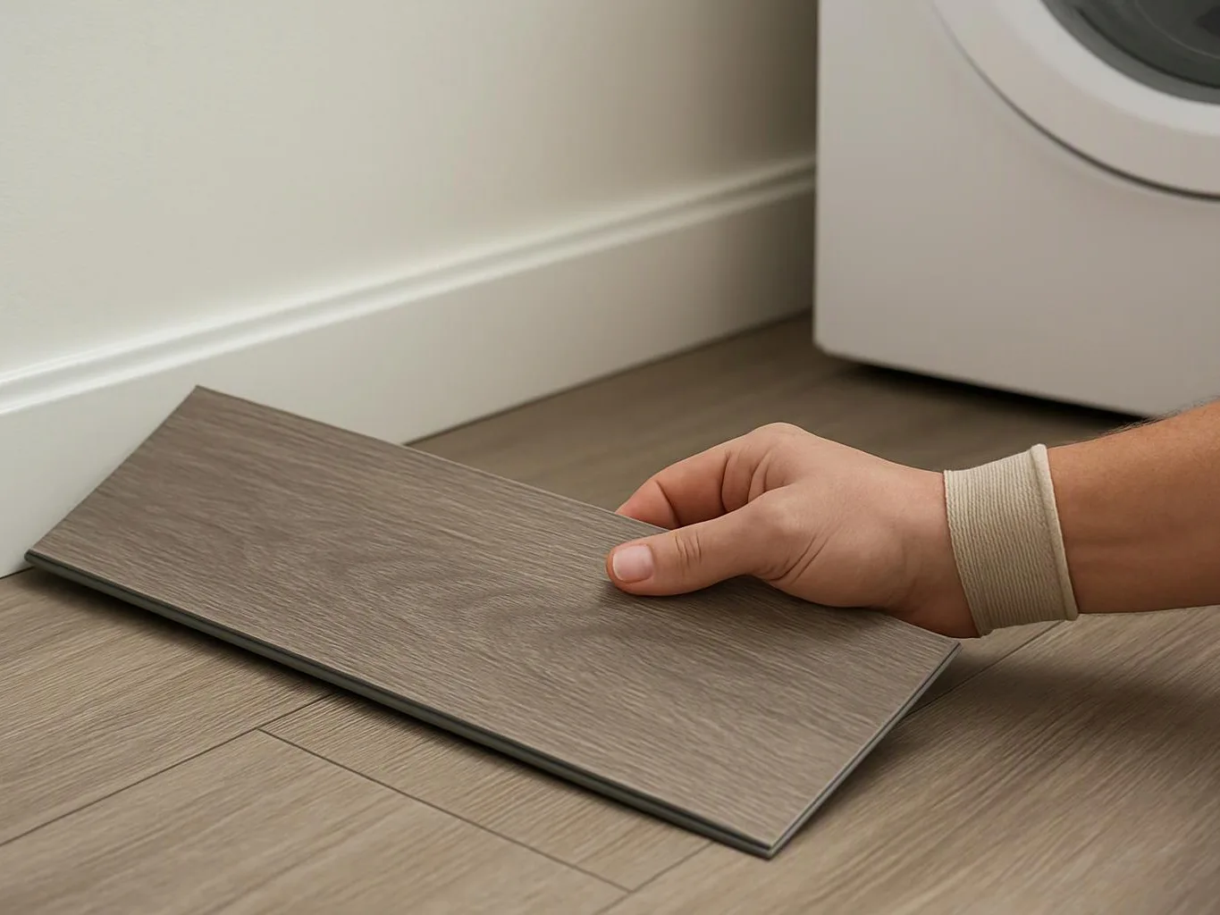 A hand holds a wood-look floor plank beside a white wall and washing machine in a room