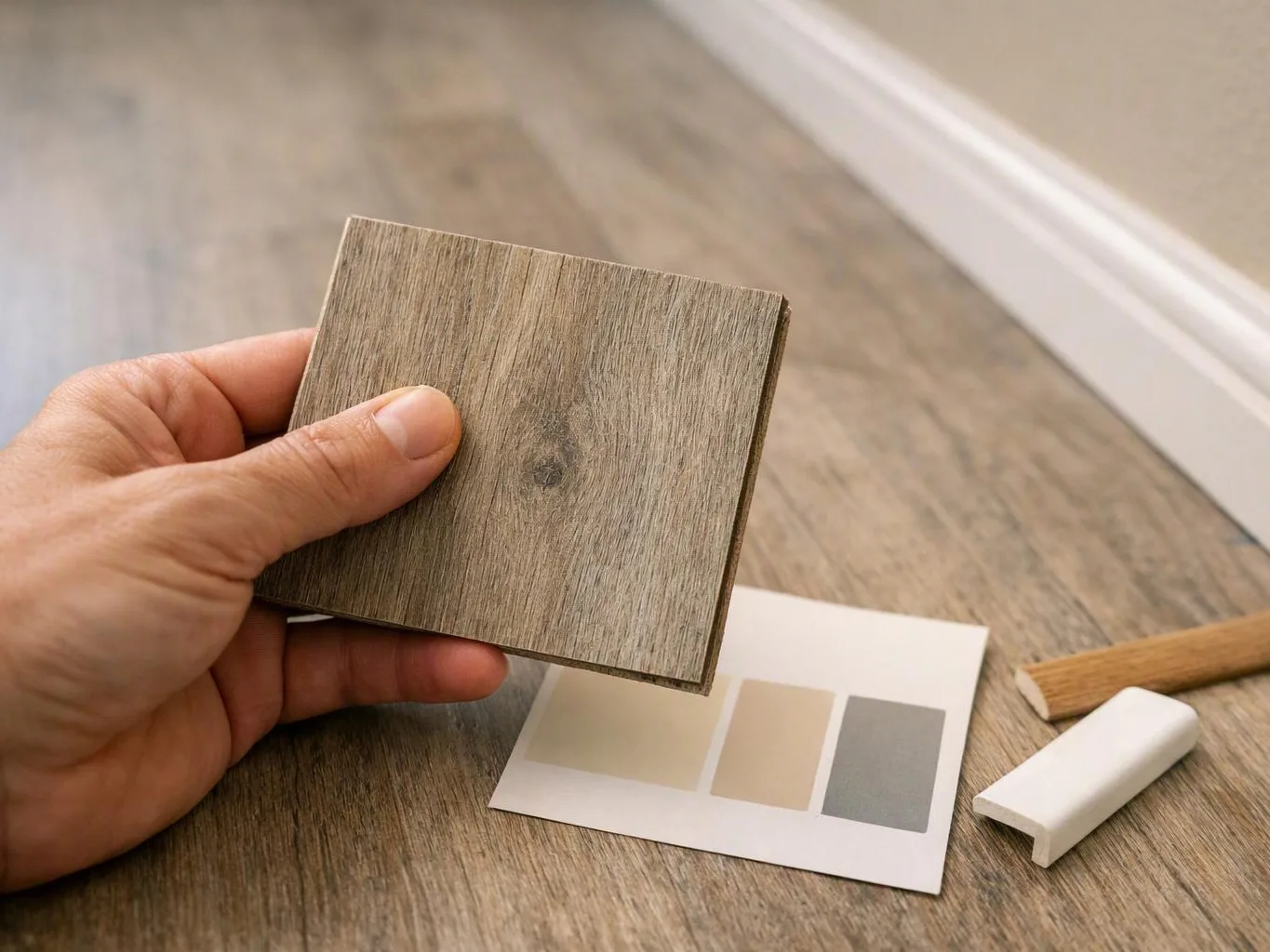 A hand holds a wood sample above a color swatch card on a wooden floor
