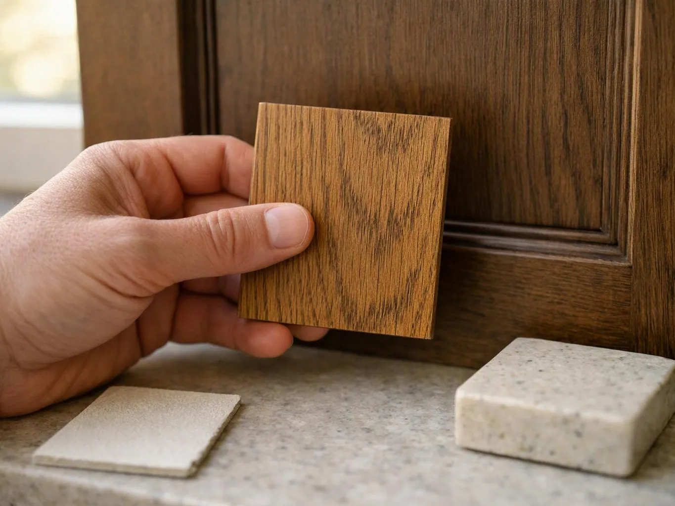 A hand holds a wood sample up to a dark wood cabinet beside stone and tile samples