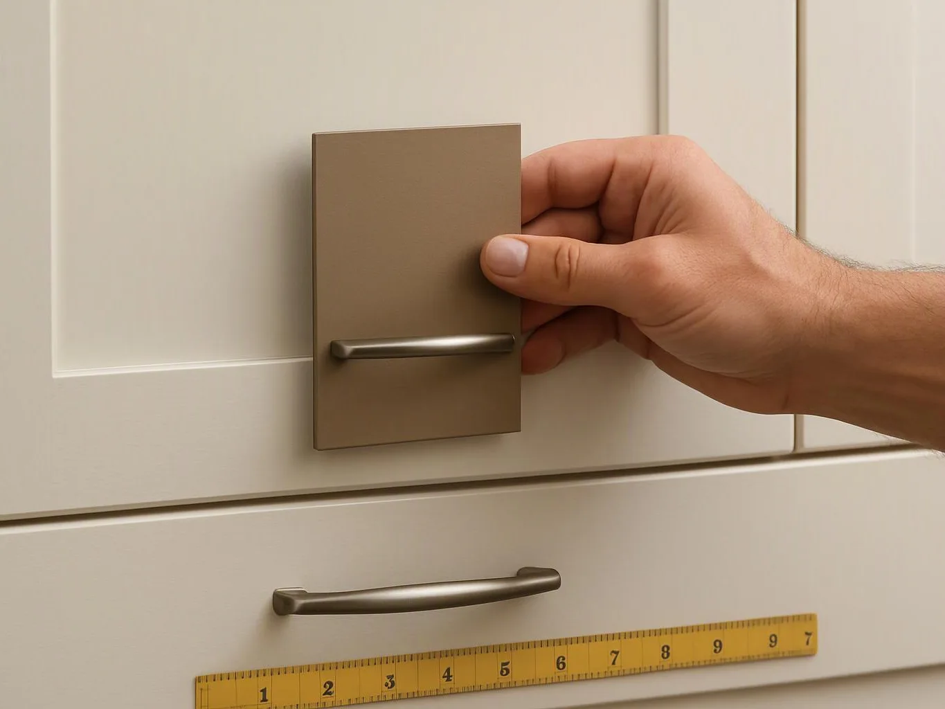 A hand opens a small cabinet door above a drawer with a yellow ruler taped to it