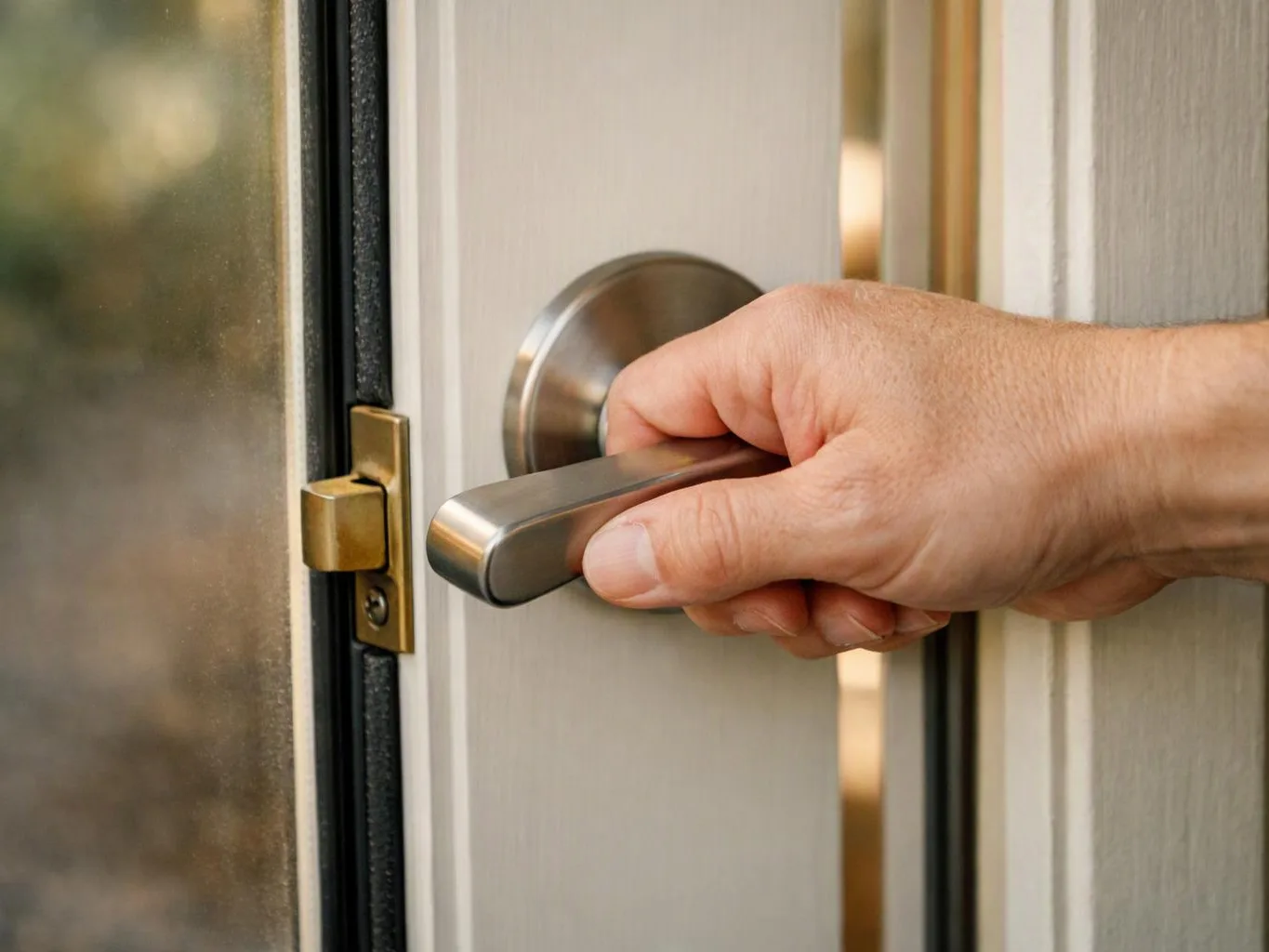 A hand turns a silver door handle beside a glass pane and brass latch on a white door