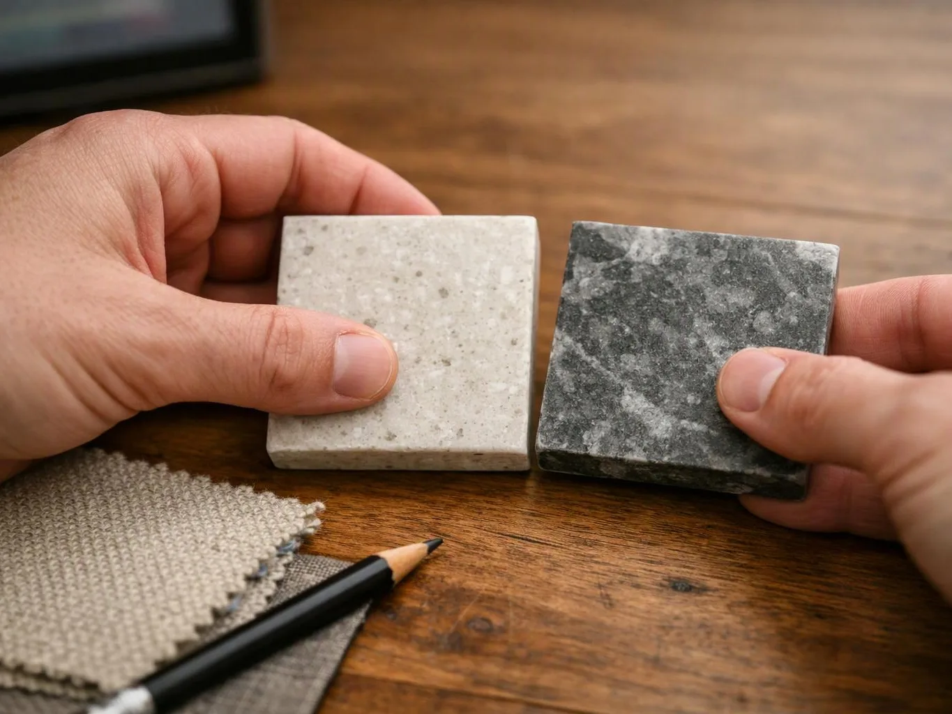 Hands compare two square stone sample tiles on a wooden table, with fabric swatches and a pencil nearby