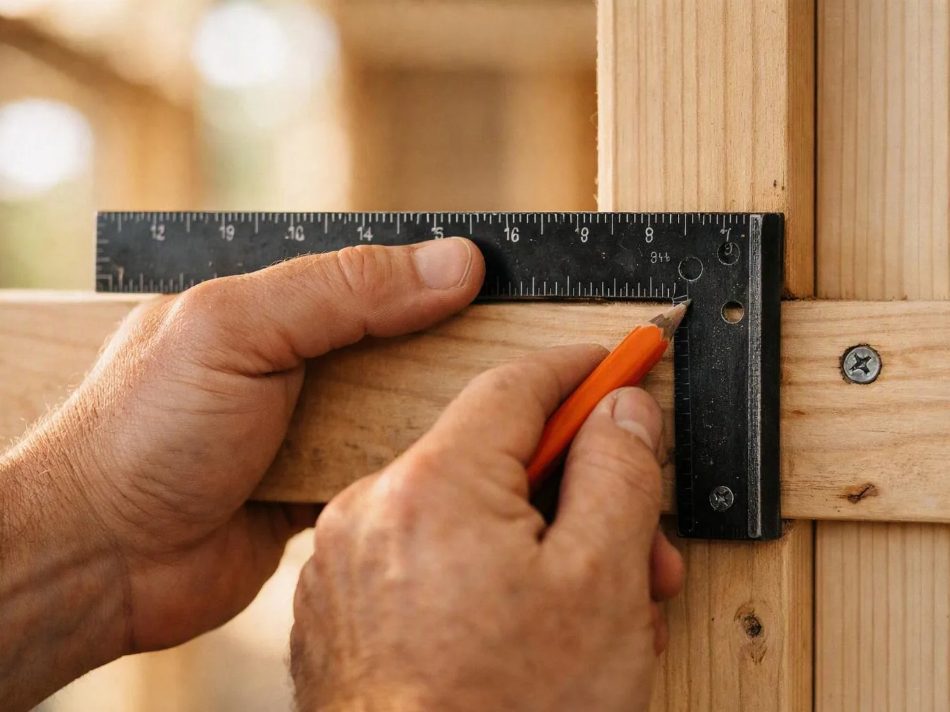 Hands use a black square and orange pencil to mark a wooden beam on a framed structure