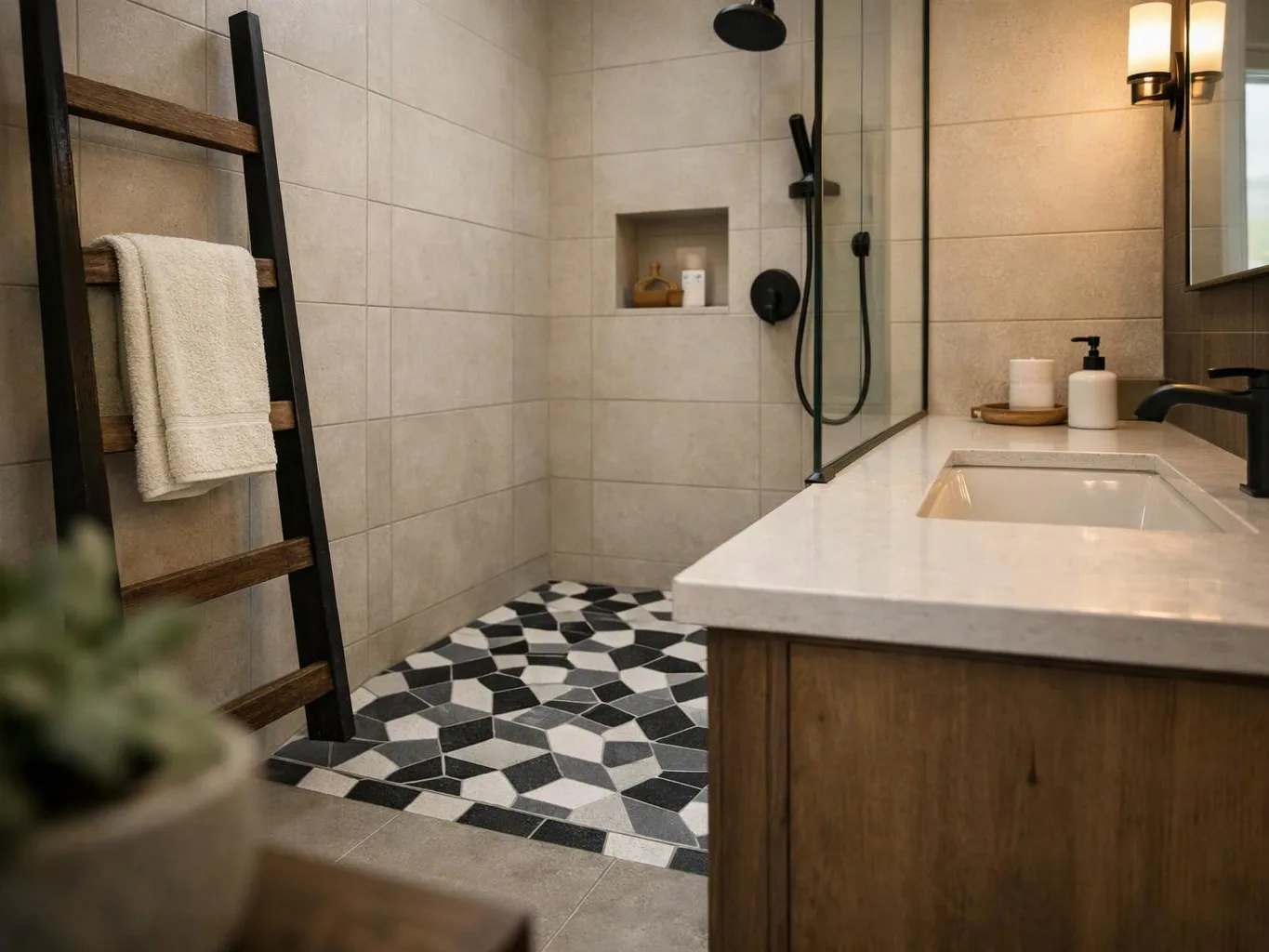 A modern bathroom shows a glass shower, patterned tile floor, towel ladder, and wood vanity with sink