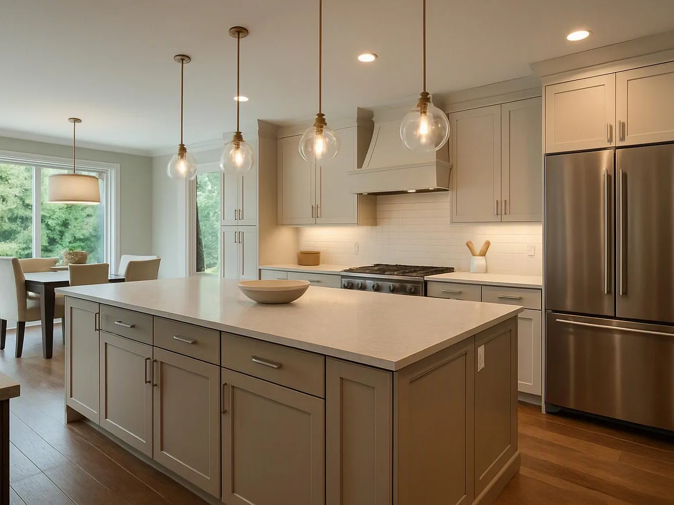A modern kitchen with a large island, pendant lights, stainless refrigerator, and a dining nook by the window