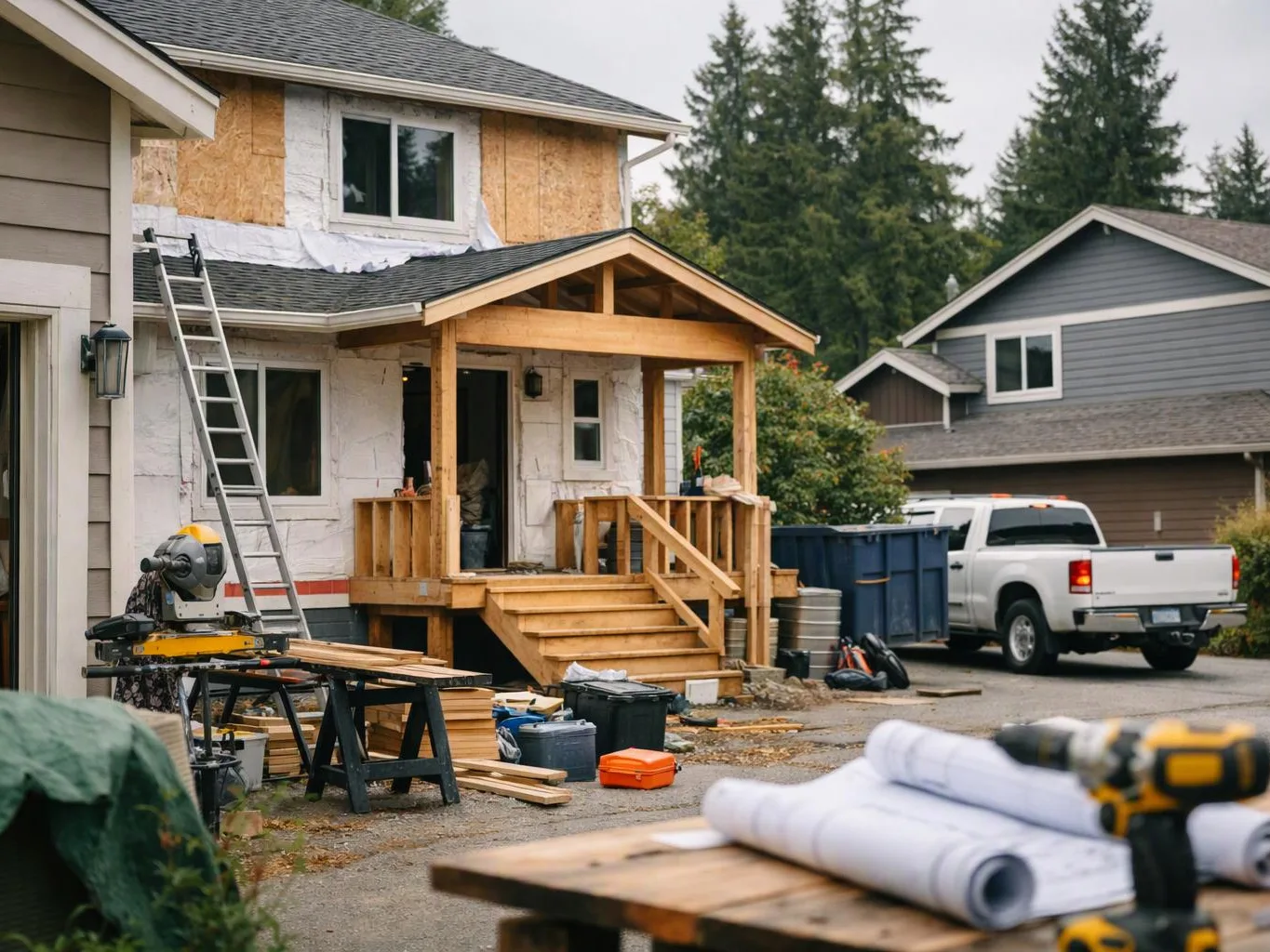 A house under renovation shows fresh wood framing, ladders, tools, and a white pickup in the driveway