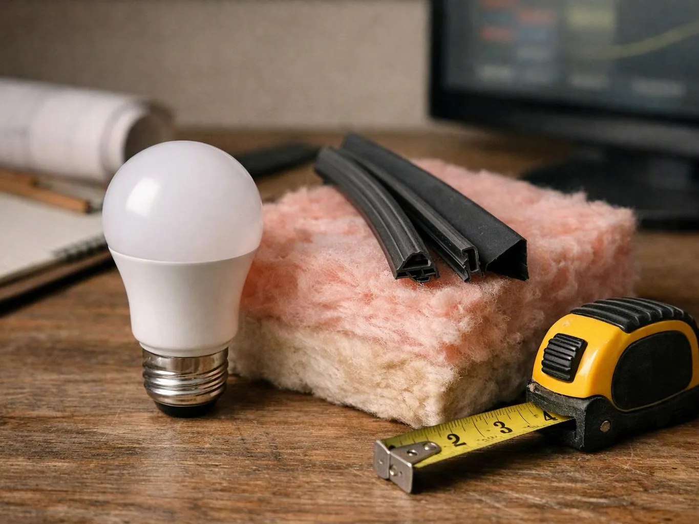 A light bulb, insulation, weatherstripping, and a tape measure sit on a wooden desk