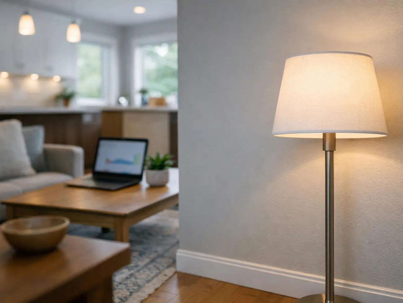 A lit floor lamp stands beside a wall, with a blurred living room and laptop behind it