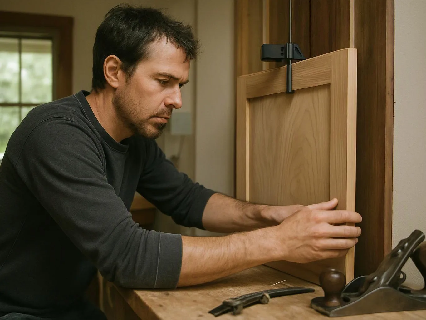 A man adjusts a wooden cabinet door in a workshop, with tools lying on the workbench