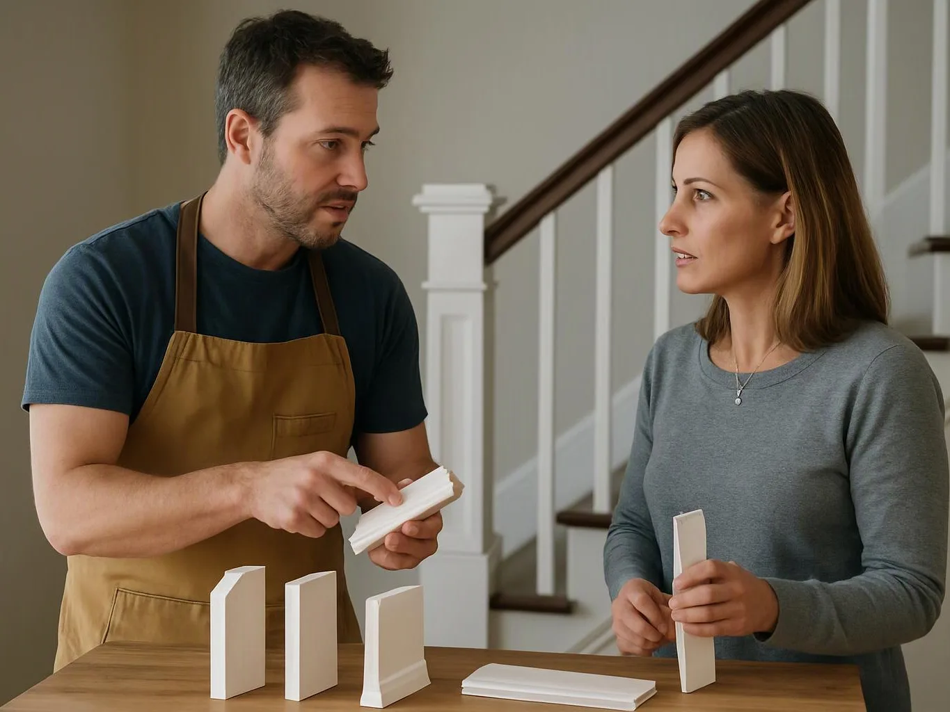A man in an apron points at molding samples while a woman holds one beside a staircase indoors