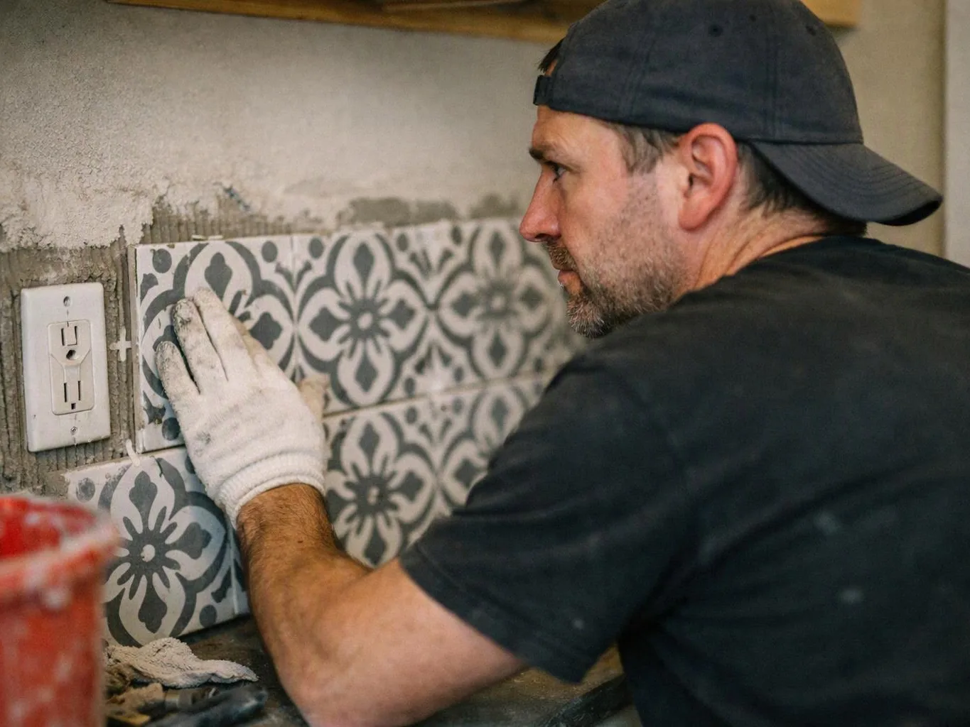A man in a black cap and gloves presses patterned tiles onto a wall during renovation