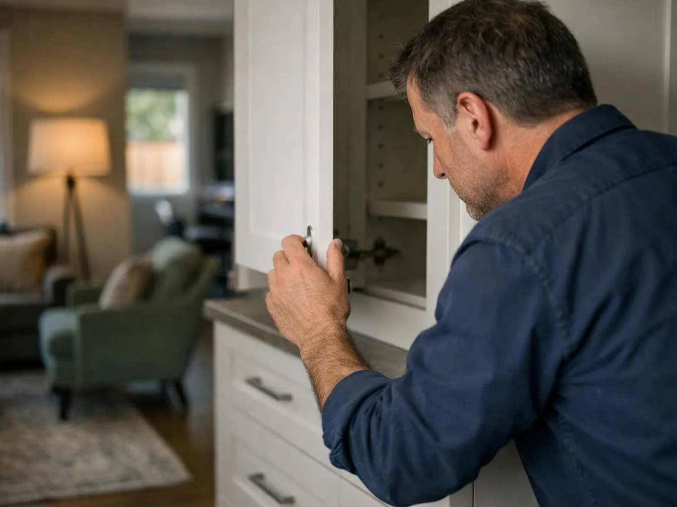 A man in a blue shirt opens a cabinet in a cozy living room with a lit lamp and armchair