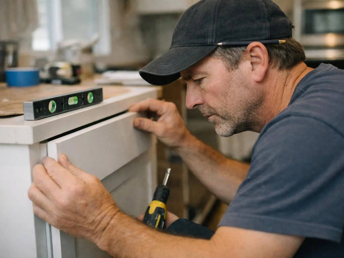 A man in a cap adjusts a cabinet drawer with a screwdriver in a workshop