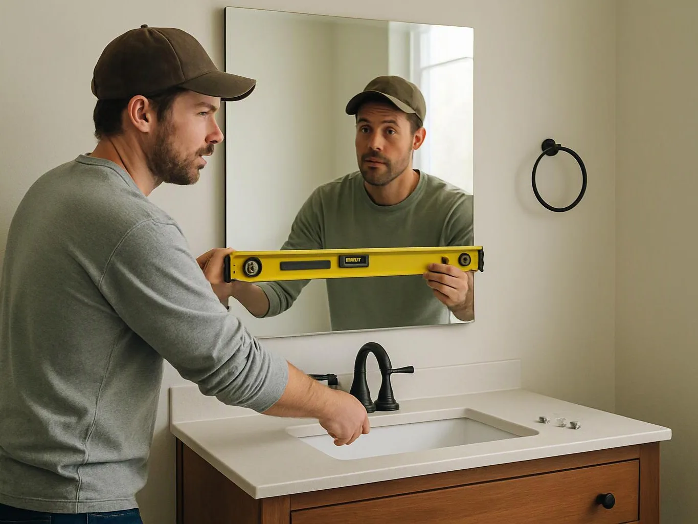 A man in a cap checks a bathroom sink with a yellow level in front of a mirror