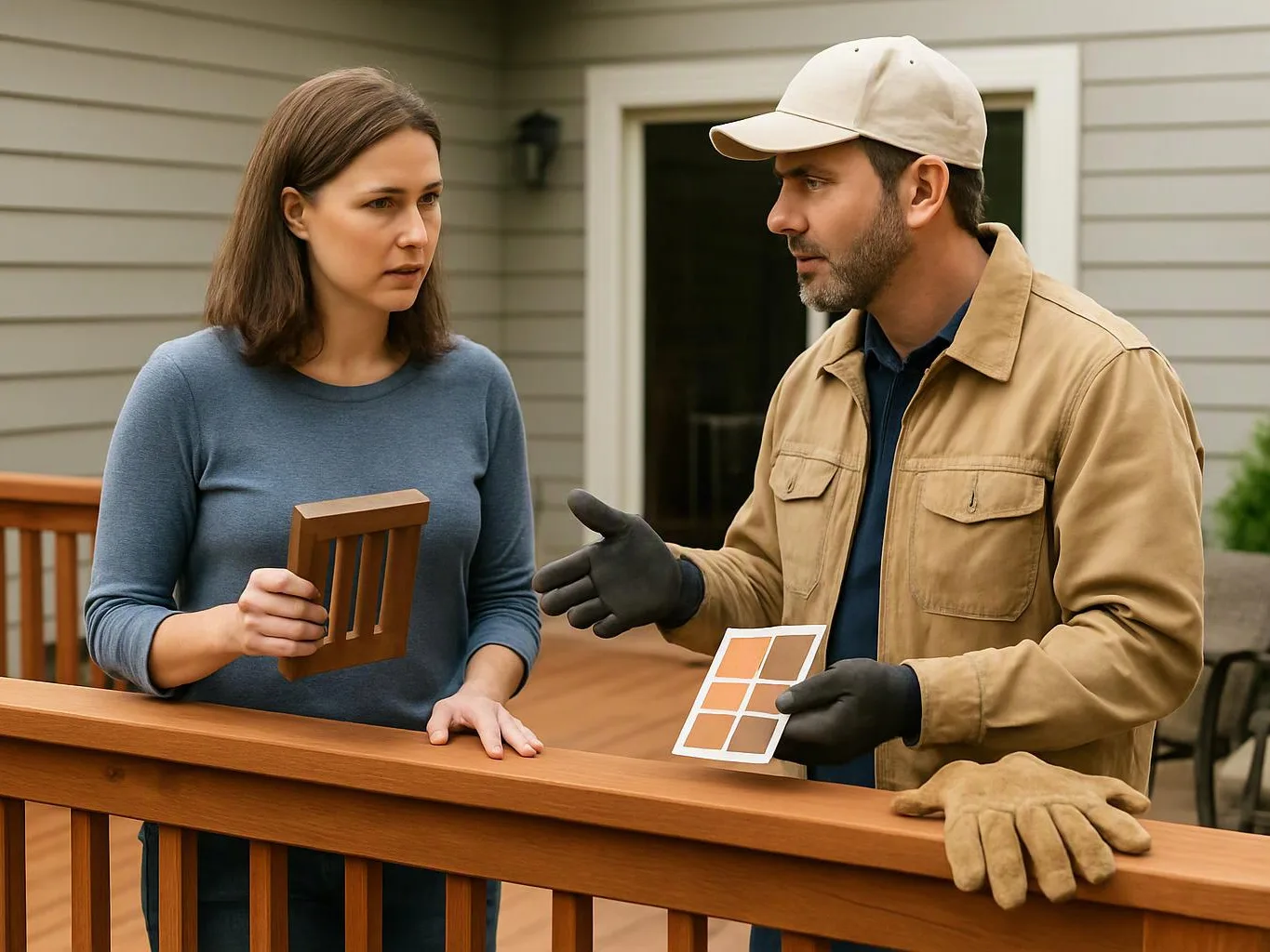 A man in a cap explains wood stain samples to a woman on an outdoor deck
