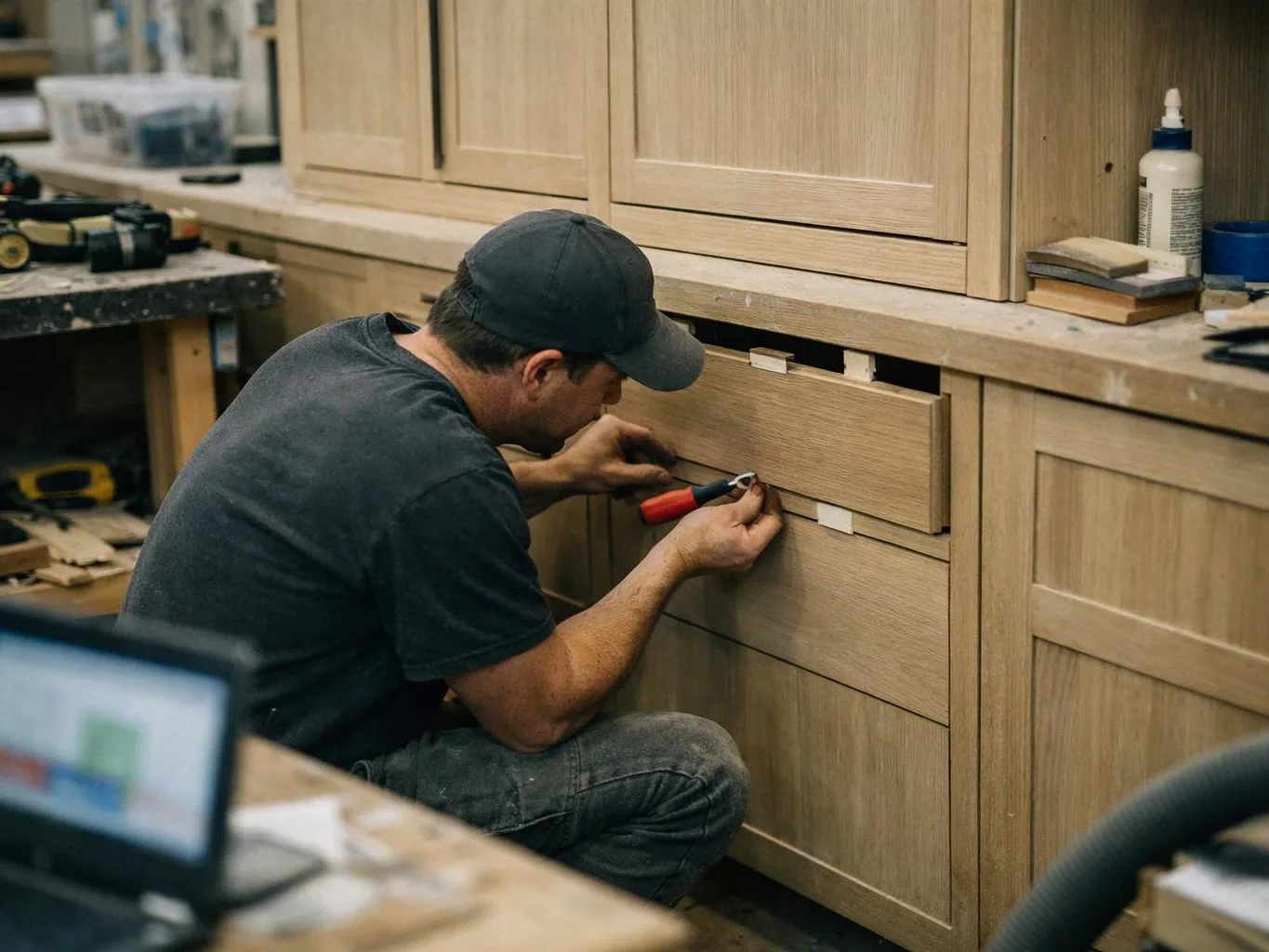 A man in a cap fits a wooden drawer on unfinished cabinets in a workshop