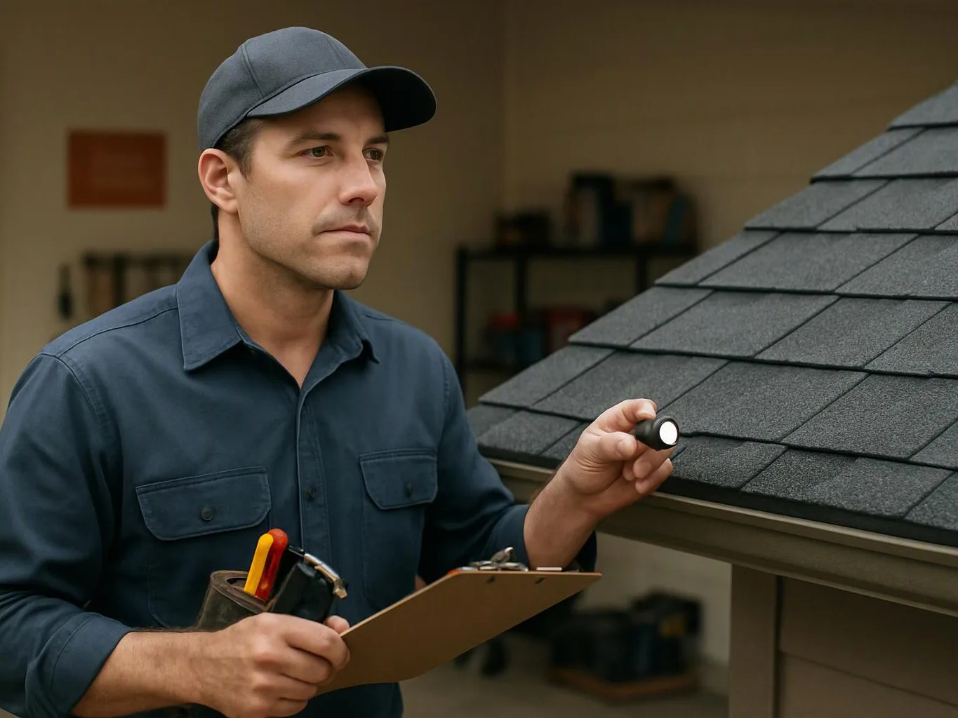 A man in a cap inspects a shingled roof with a flashlight and clipboard inside a garage-like setting