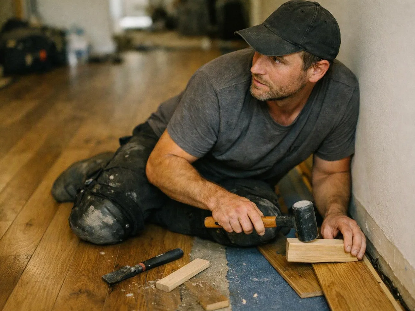 A man in a cap kneels on a wooden floor, using a mallet and chisel to fit a floorboard near a wall