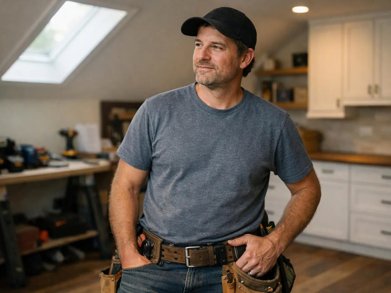 A man in a cap stands in a kitchen, wearing a tool belt and looking off to the side