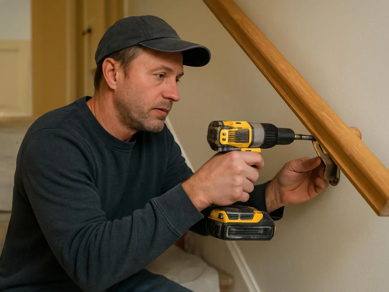 A man in a cap uses a yellow drill to fix a wooden stair rail indoors