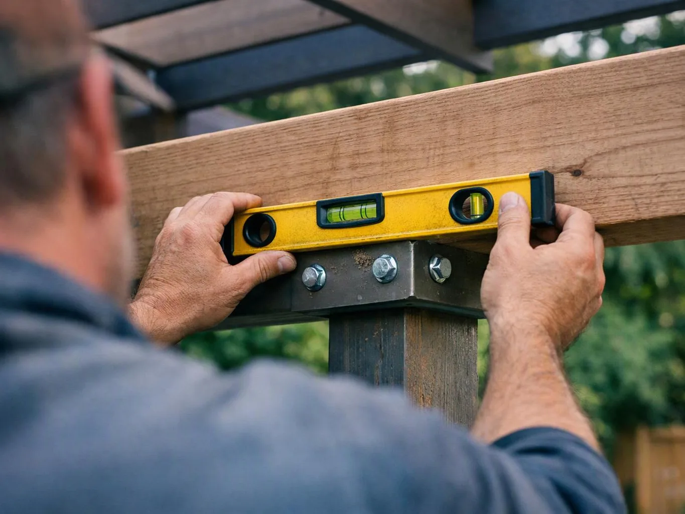 A man checks a yellow spirit level on a wooden beam outdoors