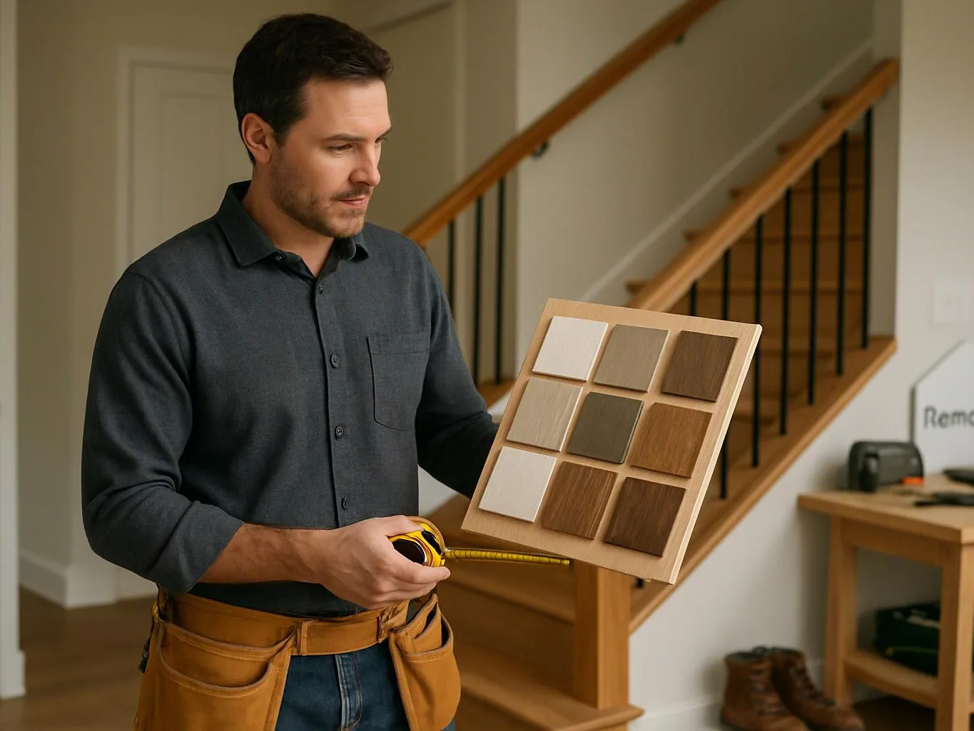 A man in a dark shirt holds a wood color sample board and tape measure inside a home near a staircase